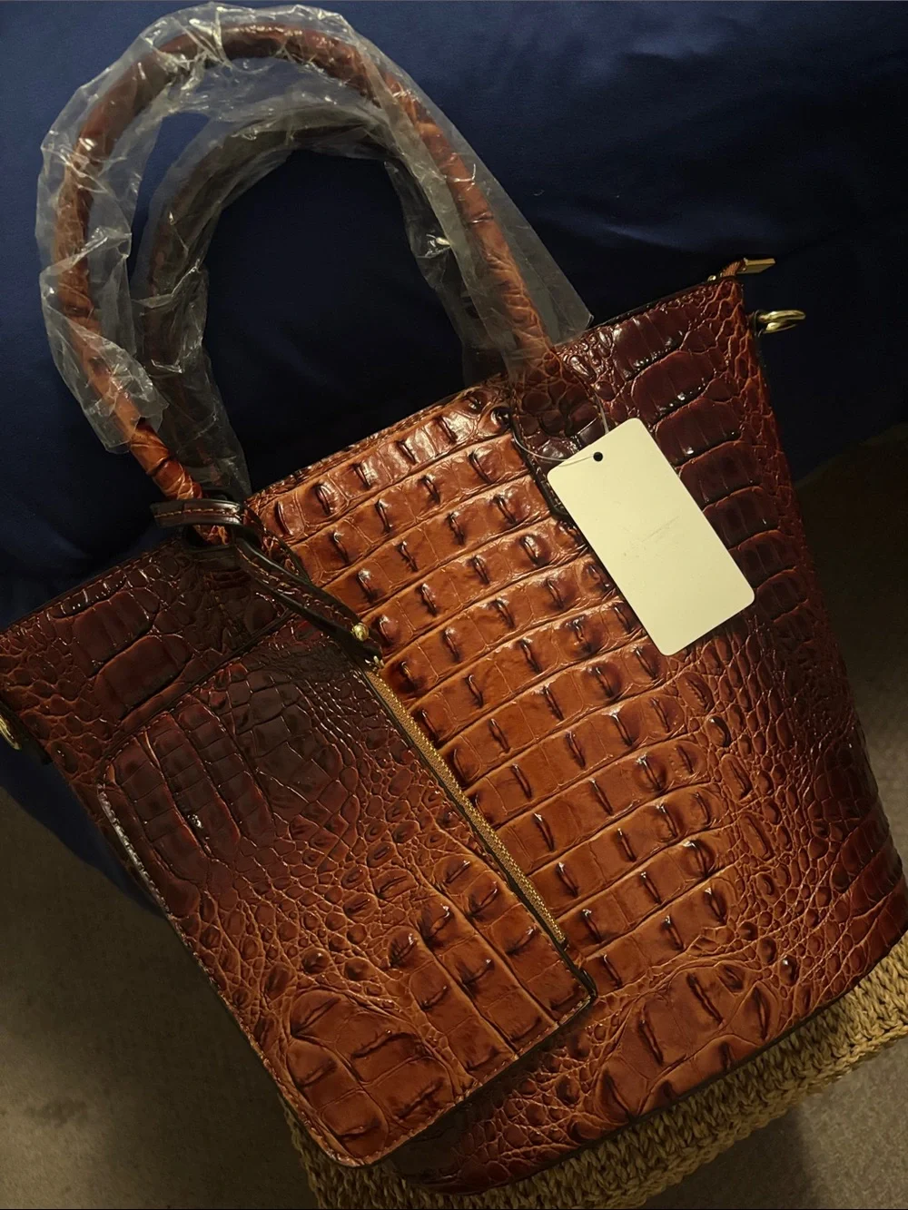 Croc-Embossed Faux Leather Tote Bag with Crossbody Strap in Brown